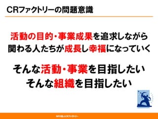 NPO法人CRファクトリー
ＣＲファクトリーの問題意識
活動の目的・事業成果を追求しながら
関わる人たちが成長し幸福になっていく
そんな活動・事業を目指したい
そんな組織を目指したい
 