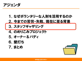NPO法人CRファクトリー
アジェンダ
１．なぜボランタリーな人財を活用するのか
２．今までの苦労・失敗、現在に至る背景
３．スタッフギャザリング
４．のめりこみプロジェクト
５．オーナー＆バディ
６．壁打ち
７．まとめ
 
