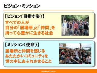 NPO法人CRファクトリー
ビジョン・ミッション
【ビジョン（目指す姿）】
すべての人が
自分の「居場所」と「仲間」を
持って心豊かに生きる社会
【ミッション（使命）】
居場所と仲間を感じる
あたたかいコミュニティを
世の中にあふれさせること
 