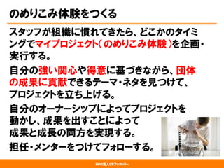 NPO法人CRファクトリー
のめりこみ体験をつくる
スタッフが組織に慣れてきたら、どこかのタイミ
ングでマイプロジェクト（のめりこみ体験）を企画・
実行する。
自分の強い関心や得意に基づきながら、団体
の成果に貢献できるテーマ・ネタを見つけて、
プロジェクトを立ち上げる。
自分のオーナーシップによってプロジェクトを
動かし、成果を出すことによって
成果と成長の両方を実現する。
担任・メンターをつけてフォローする。
 