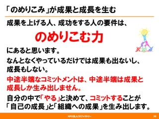 NPO法人CRファクトリー
「のめりこみ」が成果と成長を生む
成果を上げる人、成功をする人の要件は、
　　　　　　のめりこむ力
にあると思います。
なんとなくやっているだけでは成果も出ないし、
成長もしない。
中途半端なコミットメントは、中途半端は成果と
成長しか生み出しません。
自分の中で「やる」と決めて、コミットすることが
「自己の成長」と「組織への成果」を生み出します。
36
 