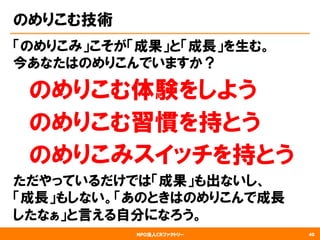 NPO法人CRファクトリー
のめりこむ技術
「のめりこみ」こそが「成果」と「成長」を生む。
今あなたはのめりこんでいますか？
　のめりこむ体験をしよう
　のめりこむ習慣を持とう
　のめりこみスイッチを持とう
ただやっているだけでは「成果」も出ないし、
「成長」もしない。「あのときはのめりこんで成長
したなぁ」と言える自分になろう。
40
 