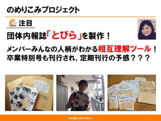 NPO法人CRファクトリー
のめりこみプロジェクト
　　  注目
団体内報誌「とびら」を製作！
メンバーみんなの人柄がわかる相互理解ツール！
卒業特別号も刊行され、定期刊行の予感？？？
 