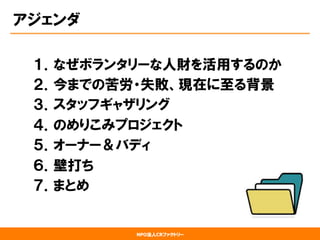 NPO法人CRファクトリー
アジェンダ
１．なぜボランタリーな人財を活用するのか
２．今までの苦労・失敗、現在に至る背景
３．スタッフギャザリング
４．のめりこみプロジェクト
５．オーナー＆バディ
６．壁打ち
７．まとめ
 