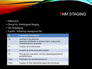 TNM STAGING
• TNM-AJCC
• Clinical Vs. Pathological Staging.
• V&L Substaging
• Y-prefix : Indicating neoadjuvant Rx.
Tx incomplete information
Tis confined to the glandular
basement membrane or lamina propria. (high grade
Dysplasia/severe dysplasia)
T1 Invasion up to submucosa
T2 Invasion up to the muscularis propria
T3 Through the muscularis, into the subserosa/pericolic or
perirectal tissue
T4(a) Perforation the visceral peritoneum
T4(b) Invasion of other abdominal organs and structures
 