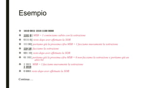 Esempio
 1010 0011 1010 1100 0000
 1101 0||| MSB = 1 cominciamo subito con la sottrazione
 0111 0||| resto dopo aver effettuato la XOR
 111 00|| portiamo giù la prossima cifra MSB = 1 facciamo nuovamente la sottrazione
 110 10|| facciamo la sottrazione
 001 10|| resto dopo aver effettuato la XOR
 01 101| portiamo giù la prossima cifra MSB = 0 non facciamo la sottrazione e portiamo giù un
altro bit
 1 1011 MSB = 1 facciamo nuovamente la sottrazione
1 1010
 0 0001 resto dopo aver effettuato la XOR
Continua …
 