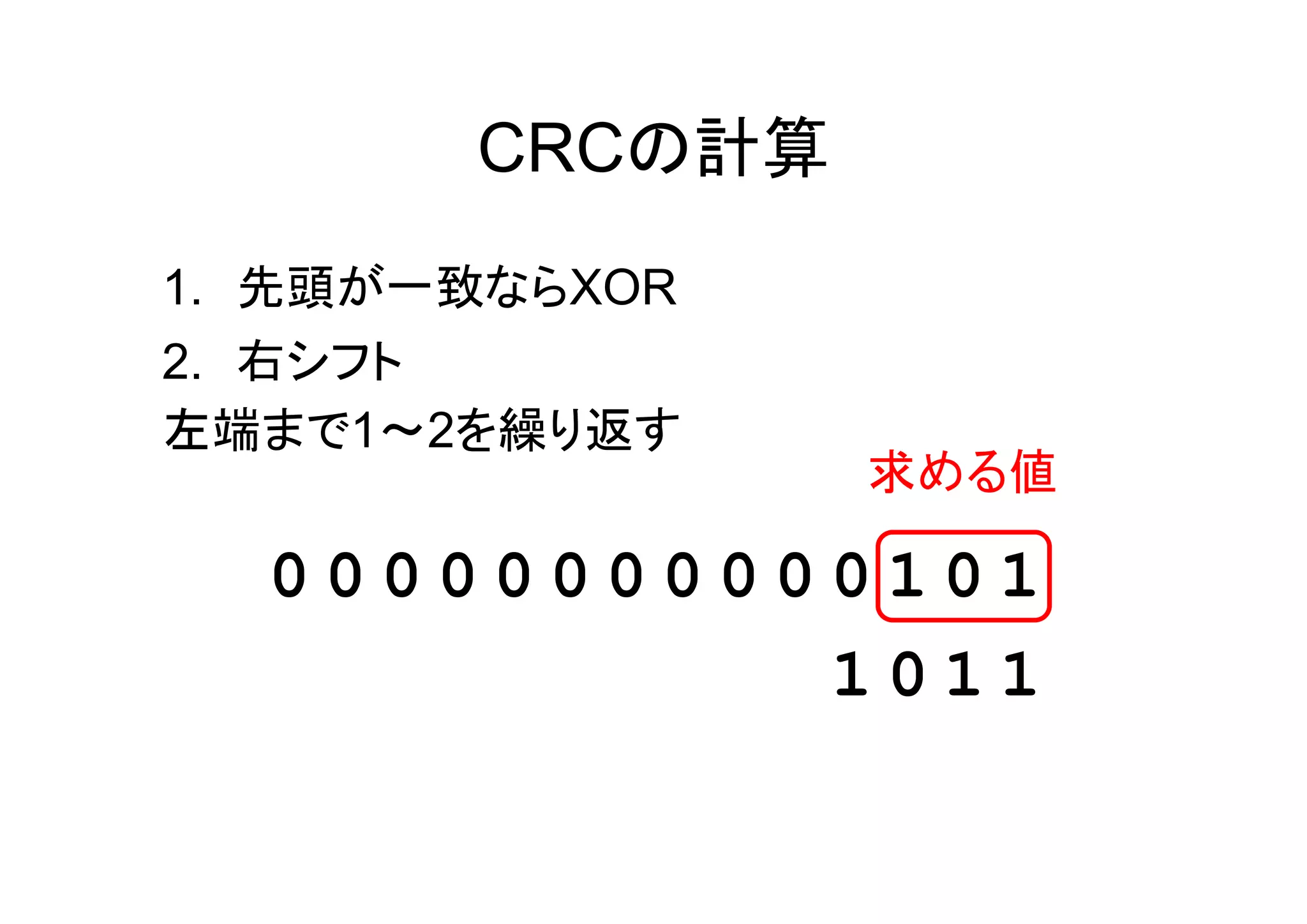 CRCの計算
1. 先頭が一致ならXOR
2. 右シフト
左端まで1～2を繰り返す
                求める値

  00000000000101
            1011
 