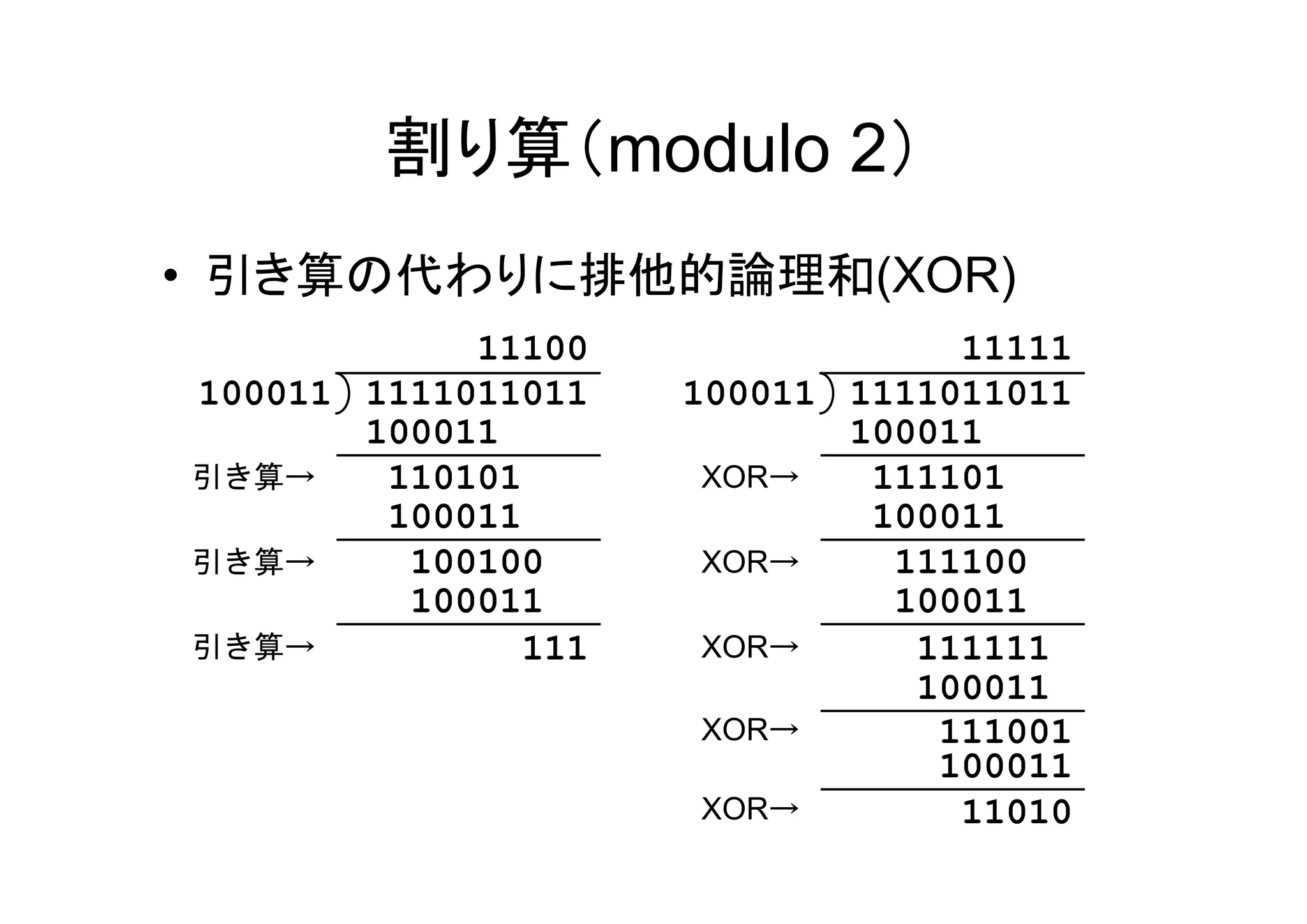 割り算（modulo 2）
• 引き算の代わりに排他的論理和(XOR)
            11100               11111
100011 1111011011   100011 1111011011
       100011              100011
引き算→    110101       XOR→   111101
        100011              100011
引き算→     100100      XOR→    111100
         100011              100011
引き算→          111    XOR→     111111
                              100011
                     XOR→      111001
                               100011
                     XOR→       11010
 