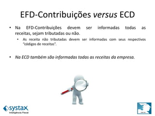 EFD-Contribuições versus ECD
• Na EFD-Contribuições devem ser informadas todas as
receitas, sejam tributadas ou não.
• As receita não tributadas devem ser informadas com seus respectivos
“códigos de receitas”.
• Na ECD também são informadas todas as receitas da empresa.
 