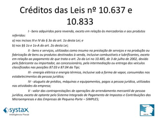 I - bens adquiridos para revenda, exceto em relação às mercadorias e aos produtos
referidos:
a) nos incisos III e IV do § 3o do art. 1o desta Lei; e
b) nos §§ 1o e 1o-A do art. 2o desta Lei;
II - bens e serviços, utilizados como insumo na prestação de serviços e na produção ou
fabricação de bens ou produtos destinados à venda, inclusive combustíveis e lubrificantes, exceto
em relação ao pagamento de que trata o art. 2o da Lei no 10.485, de 3 de julho de 2002, devido
pelo fabricante ou importador, ao concessionário, pela intermediação ou entrega dos veículos
classificados nas posições 87.03 e 87.04 da Tipi;
III - energia elétrica e energia térmica, inclusive sob a forma de vapor, consumidas nos
estabelecimentos da pessoa jurídica;
IV - aluguéis de prédios, máquinas e equipamentos, pagos a pessoa jurídica, utilizados
nas atividades da empresa;
V - valor das contraprestações de operações de arrendamento mercantil de pessoa
jurídica, exceto de optante pelo Sistema Integrado de Pagamento de Impostos e Contribuições das
Microempresas e das Empresas de Pequeno Porte – SIMPLES;
Créditos das Leis nº 10.637 e
10.833
 
