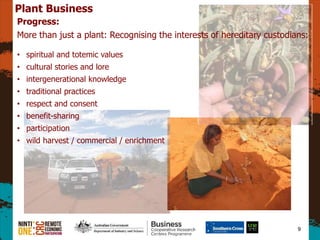 9
Plant Business
Progress:
More than just a plant: Recognising the interests of hereditary custodians:
? spiritual and totemic values
? cultural stories and lore
? intergenerational knowledge
? traditional practices
? respect and consent
? benefit-sharing
? participation
? wild harvest / commercial / enrichment
 