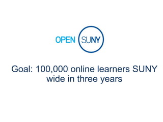 Goal: 100,000 online learners SUNY
        wide in three years
 