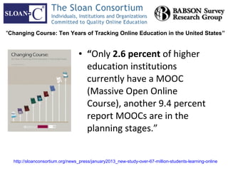 "Changing Course: Ten Years of Tracking Online Education in the United States”


                                 • “Only 2.6 percent of higher
                                   education institutions
                                   currently have a MOOC
                                   (Massive Open Online
                                   Course), another 9.4 percent
                                   report MOOCs are in the
                                   planning stages.”


  http://sloanconsortium.org/news_press/january2013_new-study-over-67-million-students-learning-online
 