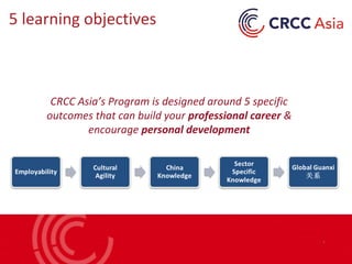 CRCC Asia’s Program is designed around 5 specific
outcomes that can build your professional career &
encourage personal development
5 learning objectives
 