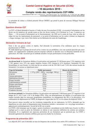 Comité Central Hygiène et Sécurité (CCHS)
- 10 décembre 2010 -
Compte rendu des représentants CGT-INRA
Syndicat National CGT-INRA : RN 10 – Porte de St Cyr – 78210 Saint Cyr l‘Ecole – Tél : 01.39.53.56.56 – Fax : 01.39.02.14.50 - Mail : cgt@inra.fr
Document réalisé le 15/12/10 consultable enintranet : https://intranet.inra.fr/cgt/ – et en internet : http://www.inra.cgt.fr/
Le président de séance a d’abord présenté Olivier DEREU qui prend le poste de nouveau Délégué National
Prévention.
Questions diverses CGT
La CGT a d’abord demandé d’inscrire à l’ordre du jour d’un prochain CCHS : a) un point d’information sur les
divers cas de tentatives de suicide ayant eu lieu sur divers centres, (4 à Clermont en 2 ans, 2 tentatives sur
Dijon……) b) un point d’information sur le fonctionnement du CHS sur le centre de Jouy suite au refus de
siéger de tous les représentants du personnel, c) un point d’information sur les suites à donner au diagnostic
« risque sismique » qui vient d’être réalisé sur les bâtiments du centre de Guadeloupe.
Déclaration liminaire de Sud
Suite à des cas graves avérés et répétés, Sud demande la nomination d’un médiateur pour les risques
psychosociaux à l’INRA.
M. Eddi répond que le groupe de travail ad hoc avance sur ces problèmes, avec une avancée peut-être pas assez
rapide. Les organisations syndicales peuvent toujours solliciter et discuter avec la Direction Générale de cas
particuliers. M. Eddi reconnaît que la méthode actuelle n’est pas performante et reste perfectible.
Bilan Prévention 2009
Au niveau local, les formations dédiées à la prévention ont représenté 32 148 heures pour 3 516 stagiaires (soit
2 503 agents), avec 23% des agents titulaires formés (39% femmes et 61% hommes). Seulement 9% des
Scientifiques se sont formés. Le coût total de ces actions a été de 354 340 € (soit 7,16% des actions locales de
formation). Ces actions se répartissent ainsi :
Type de formation Public (personnes) Heures de formation
Secourisme 1 335 p. (SST : 280 p. ; recyclage : 988 p.) 10 902 h.
CACES 337 p. 4 799 h.
Acteurs prévention 391 p. 4 514 h.
Habilitations diverses 340 p. 3 332 h.
Risque incendie 494 p. 1 800 h.
Expérimentation animale 80 p. 1 864 h
Risques spécifiques 330 p. 1 832 h.
Radioprotection 113 p. 1 043 h.
Travail en hauteur 19 p. 294 h.
Conduites diverses 6 p. 280 h.
Au niveau national, les formations dédiées à la prévention ont représenté 3 460 heures pour 337 stagiaires et un
budget de 21 142 € (soit 1,34 % du budget FPN). Elles ont principalement été dédiées à la prévention des
risques incendie dans les nouveaux programmes immobiliers, au management des DUs à la prévention, à la
continuation du déploiement de l’OPPI, au diagnostic risques dans les UE, et à la relance du dispositif ASAI.
Pour pouvoir mieux travailler sur les évolutions temporelles de ces indicateurs, la CGT a demandé que les
répartitions en coût, durée et fréquentation entre formations initiales « secourisme » et « recyclage secourisme »
apparaissent systématiquement. Accord de la DG sur ce point.
La CFDT a fait remarquer que les stages « gestes et postures » possédaient un très faible taux d’accès. La DG a
expliqué qu’il y avait eu perte du formateur en interne et une mauvaise définition du contenu sur certaines
formations. Il y a également une mauvaise promotion de ces formations qui ne prennent pas. La CFDT a
demandé également des données chiffrées pour pouvoir étudier les évolutions.
Programme de prévention 2011
Les objectifs 2011 sont d’atteindre un taux de fréquence des accidents avec arrêts (TF1) inférieur à 7 au niveau
CCHS 10 décembre 2010 - Page 1 sur 3
 