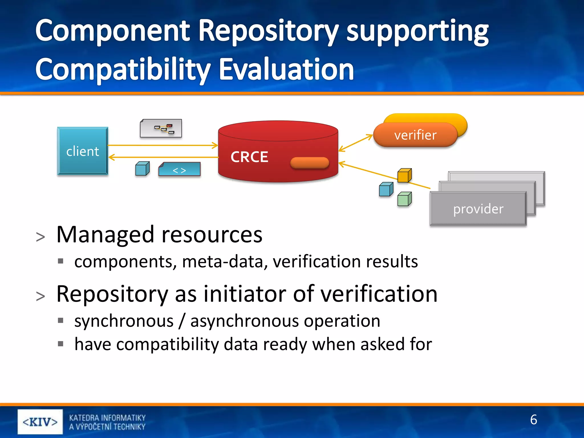verifier
     client              CRCE
                  <>

                                                           provider
                                                         provider
                                                        provider
>   Managed resources
     components, meta-data, verification results
>   Repository as initiator of verification
     synchronous / asynchronous operation
     have compatibility data ready when asked for



                                                                      6
 