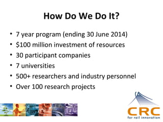 How Do We Do It?
•
•
•
•
•
•

7 year program (ending 30 June 2014)
$100 million investment of resources
30 participant companies
7 universities
500+ researchers and industry personnel
Over 100 research projects

 