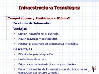 Infraestructura Tecnológica

Computadores y Periféricos - ¿Dónde?
   En el aula de Informática
   Ventajas
      Óptima u...