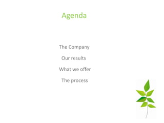 Agenda


The Company

Our results

What we offer

The process
 