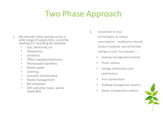 Two Phase Approach
                                             1.   Investment in new
1.   We identify initial savings across a         technologies, to reduce
     wide range of supply lines, currently        consumption – leading to reduced
     totalling 27, including for example:
       • Gas, electricity, oil                    Carbon Footprint, and still further
       • Telephones                               savings in costs. For example …
       • Janitorial
                                                  •   Heating management systems
       • Office supplies/stationery
       • Photocopiers/printers                    •   Photo-voltaics
       • Waste-water                              •   Voltage stabilisation and
       • Catering
                                                      optimisation
       • Grounds maintenance
       • Waste management                         •   Print optimisation
       • Bill validation                          •   Building management systems
       • VAT and other taxes, where
            applicable.                           •   Waste management systems
 