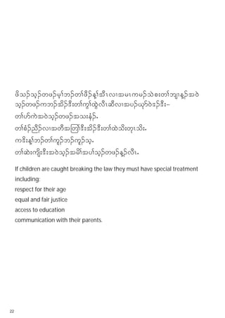 zdo.oh.wz.rh>b.w>zD.M>tDRvXtrRur.oJp;w>bsXM.t0J
     oh.wz.ub.td.'D;w>uG>xGJvDRqDvXty.Ckm0J'.'D;=
     w>ymuJt0Joh.wz.to;eH.I
     w>pH.nD.vXtwDt-w>'D;td.'D;w>xJod;wkRod;I
     u'd;M>b.w>ul.b.ul.ohI
     w>qJ;usd;'D;t0Joh.trd>ty>oh.wz.M.vDRI
     If children are caught breaking the law they must have special treatment
     including:
     respect for their age
     equal and fair justice
     access to education
     communication with their parents.




22
 