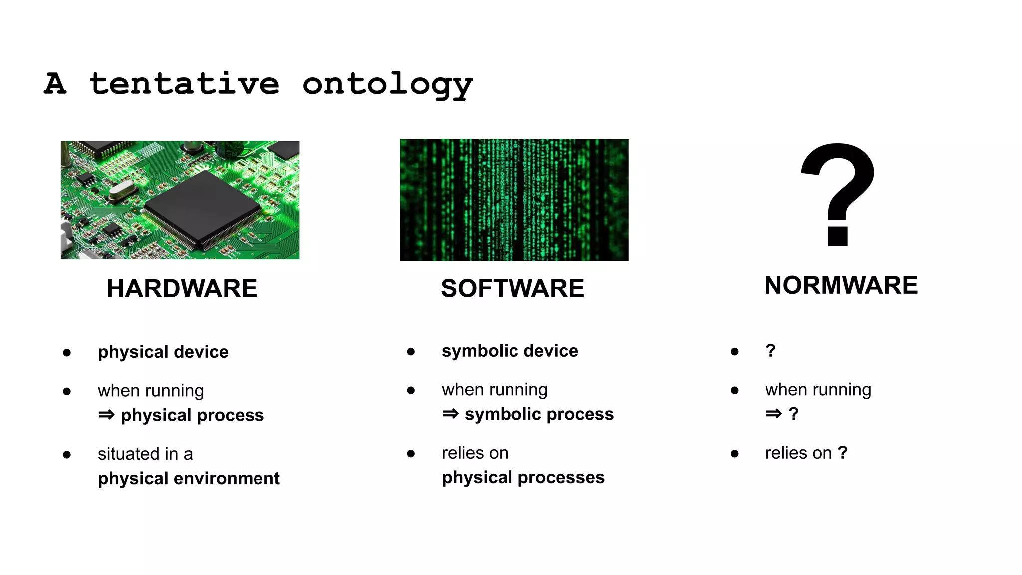 ?
A tentative ontology
SOFTWARE
HARDWARE NORMWARE
● physical device
● when running
⇒ physical process
● situated in a
physical environment
● symbolic device
● when running
⇒ symbolic process
● relies on
physical processes
● ?
● when running
⇒ ?
● relies on ?
 