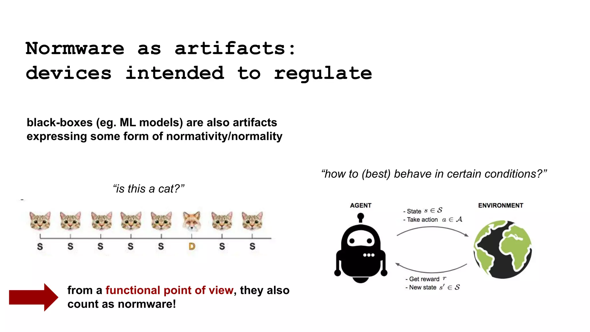 Normware as artifacts:
devices intended to regulate
black-boxes (eg. ML models) are also artifacts
expressing some form of normativity/normality
“is this a cat?”
“how to (best) behave in certain conditions?”
from a functional point of view, they also
count as normware!
 