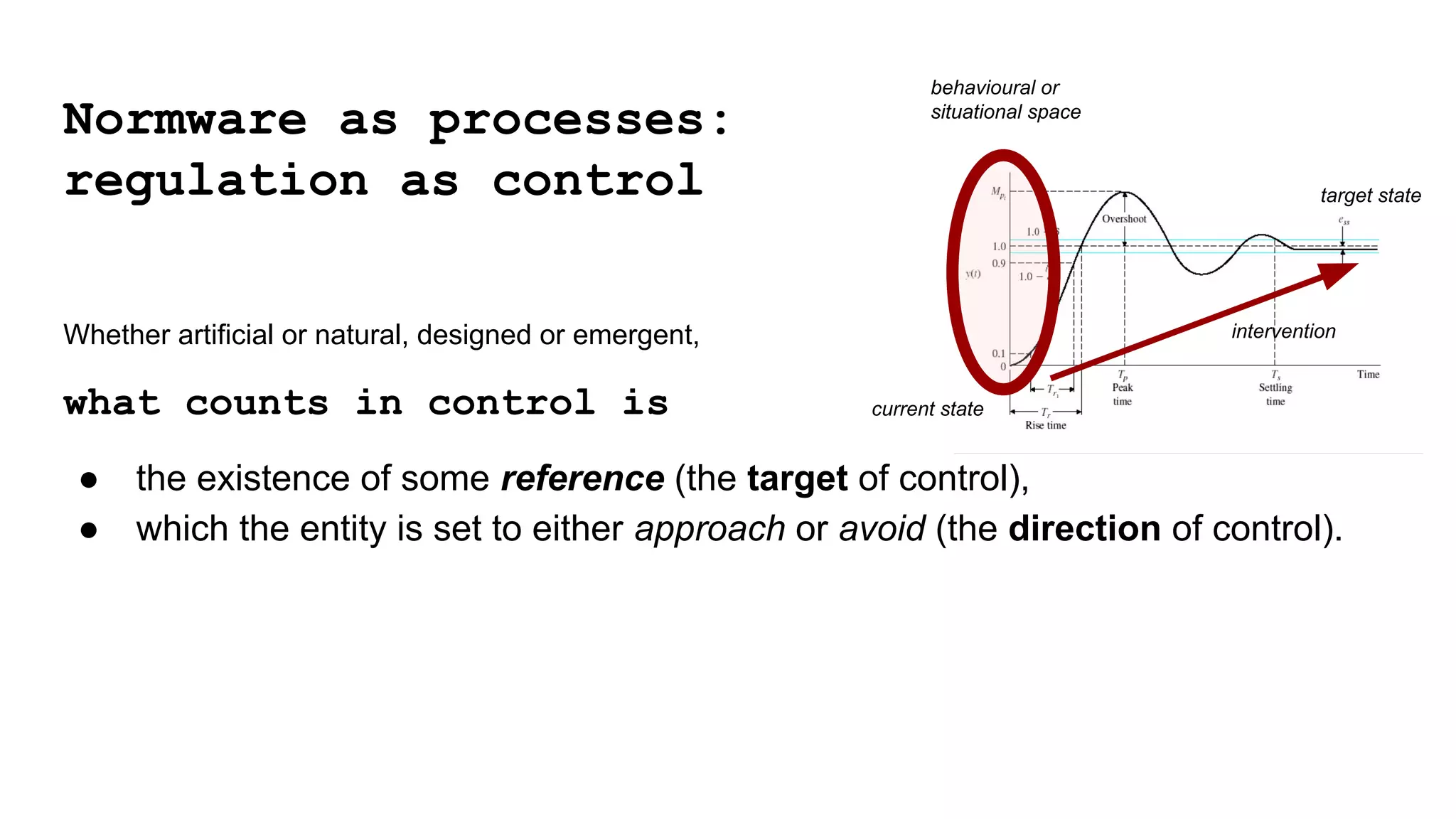 Whether artificial or natural, designed or emergent,
what counts in control is
● the existence of some reference (the target of control),
● which the entity is set to either approach or avoid (the direction of control).
behavioural or
situational space
intervention
current state
target state
Normware as processes:
regulation as control
 