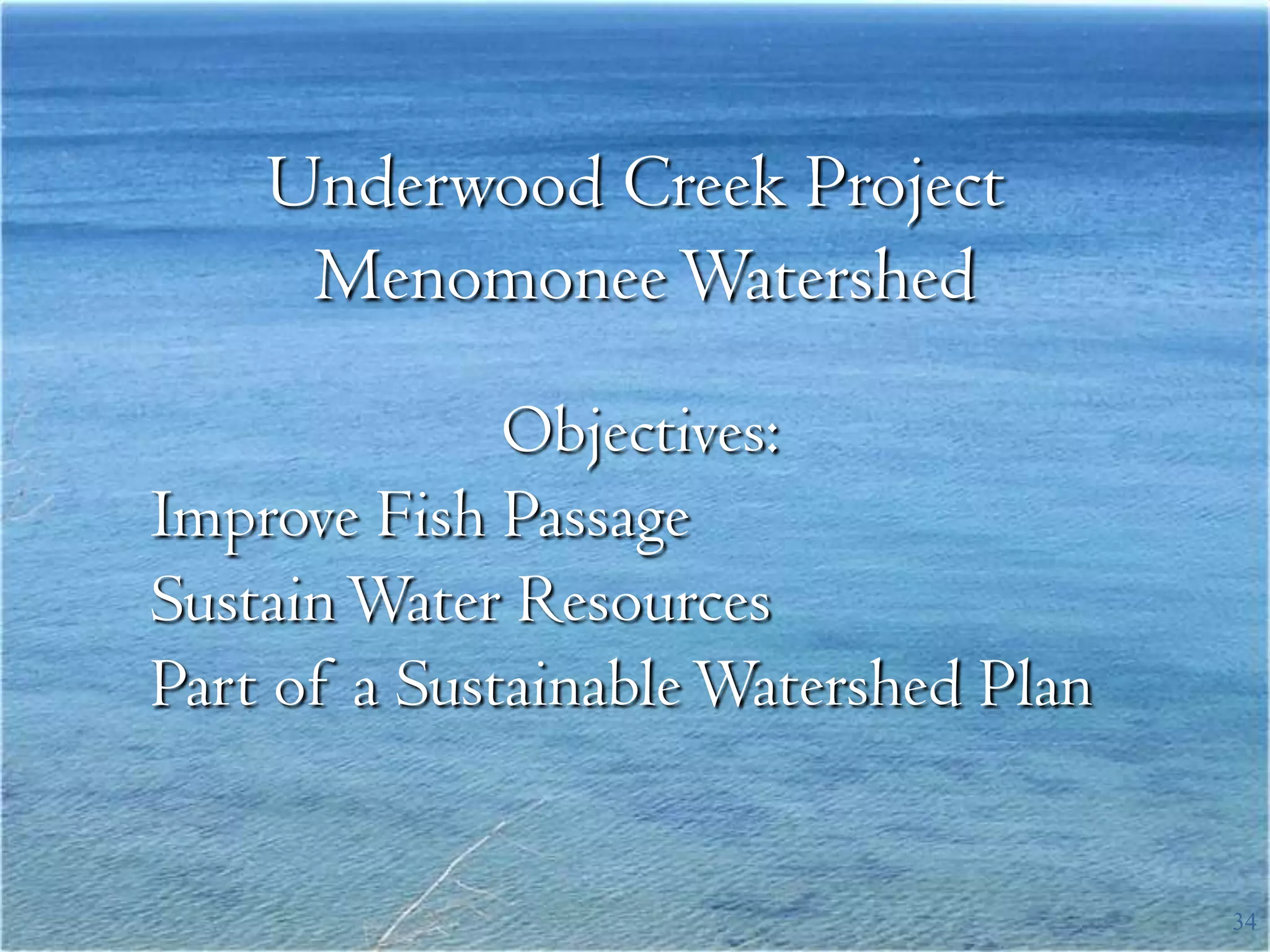 Underwood Creek Project
     Menomonee Watershed
              Objectives:
Improve Fish Passage
Sustain Water Resources
Part of a Sustainable Watershed Plan


                                       34
 