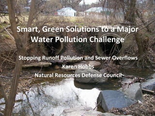 Smart, Green Solutions to a Major
   Water Pollution Challenge

Stopping Runoff Pollution and Sewer Overflows
                 Karen Hobbs
      Natural Resources Defense Council
 