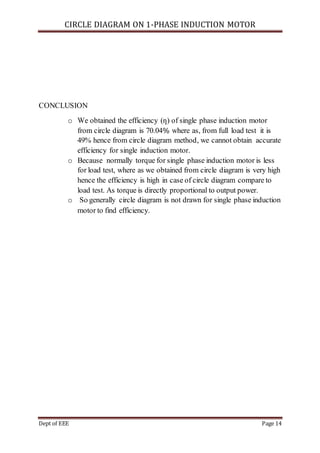 CIRCLE DIAGRAM ON 1-PHASE INDUCTION MOTOR
Dept of EEE Page 14
CONCLUSION
o We obtained the efficiency (ƞ) of single phase induction motor
from circle diagram is 70.04% where as, from full load test it is
49% hence from circle diagram method, we cannot obtain accurate
efficiency for single induction motor.
o Because normally torque for single phase induction motor is less
for load test, where as we obtained from circle diagram is very high
hence the efficiency is high in case of circle diagram compare to
load test. As torque is directly proportional to output power.
o So generally circle diagram is not drawn for single phase induction
motor to find efficiency.
 