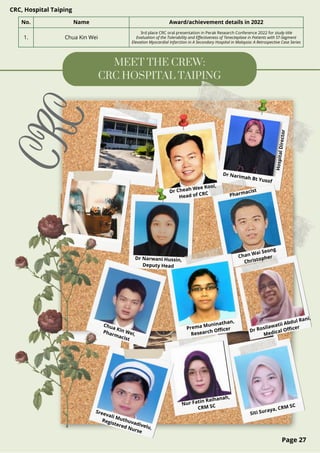 MEET THE CREW:
CRC HOSPITAL TAIPING
No. Name Award/achievement details in 2022
1. Chua Kin Wei
3rd place CRC oral presentation in Perak Research Conference 2022 for study title
Evaluation of the Tolerability and Effectiveness of Tenecteplase in Patients with ST-Segment
Elevation Myocardial Infarction in A Secondary Hospital in Malaysia: A Retrospective Case Series
Page 27
C
R
C
CRC, Hospital Taiping
Dr Narimah Bt Yusof
Dr Cheah Wee Kooi,
Head of CRC
Dr Narwani Hussin,
Deputy Head
Chan Wai Seong
Christopher
Prema Muninathan,
Research Officer
H
o
s
p
it
a
l
D
ir
e
c
t
o
r
Pharmacist
Chua Kin Wei,
Pharmacist
Dr Rosilawatii Abdul Rani,
Medical Officer
Nur Fatin Raihanah,
CRM SC
Siti Suraya, CRM SC
Sreevali Muthuvadivelu,
Registered Nurse
 