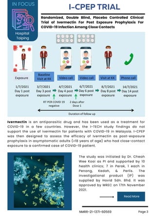 I-CPEP TRIAL
Randomized, Double Blind, Placebo Controlled Clinical
Trial of Ivermectin For Post Exposure Prophylaxis For
COVID-19 Infection Among Close Contacts
Hospital
Taiping
Ivermectin is an antiparasitic drug and has been used as a treatment for
COVID-19 in a few countries. However, the I-TECH study findings do not
support the use of ivermectin for patients with COVID-19 in Malaysia. I-CPEP
was then designed to assess the efficacy of Ivermectin as post-exposure
prophylaxis in asymptomatic adults (≥18 years of age) who had close-contact
exposure to a confirmed case of COVID-19 patient.
The study was initiated by Dr. Cheah
Wee Kooi as PI and supported by 10
health clinics; 7 in Perak, 1 each in
Penang, Kedah, & Perlis. The
investigational product (IP) was
supplied by Hovid Sdn. Bhd. It was
approved by MREC on 17th November
2021.
Read More
Page 3
NMRR-21-1371-60569
IN FOCUS
 