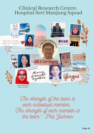 CRC H. Seri Manjung
Consultation
Research Training
Publication
"Success is best
when it's shared"
Page 30
Clinical Research Centre,
Hospital Seri Manjung Squad
Moving
Moving
Moving
forward
forward
forward
together
together
together
Dr Nordin b. Nasir
Hospital Director
D
r
N
g
a
Shih Hang
(
H
O
D
)
Azirah Osman,
SC CRM
Dr Farah Alwi
Deputy CRC
Dr Zarina Fuad
Deputy Director
Sn. Norsarlizna
Mat Sari
(CRC Manager)
Chiew Shoen Chuen
(Pharmacist)
Lailye Zuraida Abu
Bakar, SC CRM
Dr Ting Siew Ying
(Medical Officer)
The strength of the team is
The strength of the team is
The strength of the team is
each individual member.
each individual member.
each individual member.
The strength of each member is
The strength of each member is
The strength of each member is
the team.~ Phil Jackson
the team.~ Phil Jackson
the team.~ Phil Jackson
 