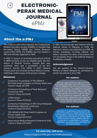 ePMJ
We are grateful to the Director-General,
Ministry of Health Malaysia for permission to
publish the articles in the e-PMJ.
ELECTRONIC-
PERAK MEDICAL
JOURNAL
We encourage readers to sign up for the
publishing notification service for this journal.
Use the Register link at the top of the home
page for the journal. This registration will result
in the reader receiving the Table of Contents
by email for each new issue of the journal. This
list also allows the journal to claim a certain
level of support or readership. See the
journal's Privacy Statement, which assures
readers that their name and email address will
not be used for other purposes.
About the e-PMJ
The e-PMJ is a joint effort between the Postgraduate
Medical Education Society (PGMES) of Hospital Raja
Permaisuri Bainun (HRPB) and Clinical Research
Centre (CRC) HRPB. The PGMES was first started in
1991 and officially registered in 1993.
Conference Proceedings of 11th ASEAN &
8th Perak Health Congress on Primary Health Care
Volume 1 (Supp 01) 2019
Conference Proceedings of Perak Research
Conference 2019
Volume 1 (Supp 02) (2019)
e-PMJ Articles
Volume 2 (Issue 01) (2022)
Conference Proceedings of 12th Annual Malaysian
Rehabilitation Medicine Conference
Volume 2 (Supp 01) (2022)
12th ASEAN & 9th Perak Health Congress on
Primary Health Care
Volume 2 (Supp 02) (2022)
Perak Annual Medical Research Conference 2022
Volume 2 (Supp 03) (2022)
https://myjms.mohe.gov.my/index.php/pmj
In 1992, in support of promoting educational activity
in HRPB (formerly known as Hospital Ipoh), the first
edition of Medical Practice Hospital Ipoh was
published, which was a compilation of full text
research articles from HRPB. In 2007, Medical
Practice Ipoh was renamed as Perak Medical Journal,
reflecting a wider scope of the journal coverage.
In 1997, the journal was first indexed with the
National Library of Malaysia. In 2019, the
electronic version was published as e-PMJ. All
articles published, including editorial and
letters, represent the views of the authors and
not necessarily those of the Editorial Board or
the Ministry of Health.
Acknowledgement
Milestones For readers:
For authors:
Interested in submitting to this journal? We
recommend that you review the About the
Journal page for the journal's section policies,
as well as the Instructions for Authors (May
2022). Authors need to register with the
journal prior to submitting or, if already
registered, can simply log in and begin the
five-step process.
For more info, visit us at:
 