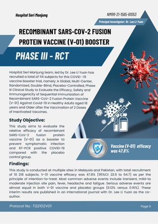 RECOMBINANT SARS-COV-2 FUSION
PROTEIN VACCINE (V-01) BOOSTER
Hospital Seri Manjung NMRR-21-1565-61053
Principal Investigator: Dr. Lee Li Yuan
Protocol No.: TG2102V01
Study Objective:
Vaccine (V-01) efficacy
was 47.8%
This study aims to evaluate the
relative efficacy of recombinant
SARS-CoV-2 fusion protein
vaccine (V-01) as a booster to
prevent symptomatic infection
and RT-PCR positive COVID-19
compared with the placebo
control group.
This study is conducted at multiple sites in Malaysia and Pakistan, with total recruitment
of 10 218 subjects. V-01 vaccine efficacy was 47.8% (95%CI: 22.6 to 64.7) as per the
principle of intention-to-treat. Most common adverse events include transient, mild-to
moderate injection site pain, fever, headache and fatigue. Serious adverse events are
almost equal in both V-01 vaccine and placebo groups (0.12% versus 0.16%). These
interim results are published in an international journal with Dr. Lee Li Yuan as the co-
author.
PHASE III - RCT
Hospital Seri Manjung team, led by Dr. Lee Li Yuan has
recruited a total of 114 subjects for this COVID -19
vaccine booster trial, namely: A Global, Multi-Center,
Randomized, Double-Blind, Placebo-Controlled, Phase
III Clinical Study to Evaluate the Efficacy, Safety and
Immunogenicity of Sequential Immunization of
Recombinant SARS-CoV-2 Fusion Protein Vaccine
(V-01) Against Covid-19 in Healthy Adults aged 18
years and Older after the Vaccination of 2 Doses
of Inactivated Vaccines.
Findings:
Page 5
 