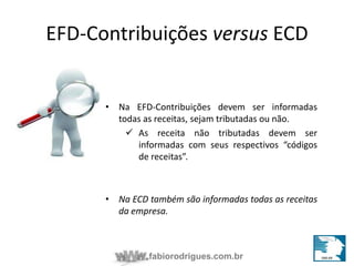 EFD-Contribuições versus ECD 
• Na EFD-Contribuições devem ser informadas 
todas as receitas, sejam tributadas ou não. 
 As receita não tributadas devem ser 
informadas com seus respectivos “códigos 
de receitas”. 
• Na ECD também são informadas todas as receitas 
da empresa. 
fabiorodrigues.com.br 
 