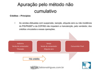 Apuração pelo método não 
cumulativo 
fabiorodrigues.com.br 
Créditos – Princípios 
• As vendas efetuadas com suspensão, isenção, alíquota zero ou não incidência 
do PIS/PASEP e da COFINS não impedem a manutenção, pelo vendedor, dos 
créditos vinculados a essas operações. 
Indústria 
Venda de computador 
Tributado 
Varejo 
Venda de computador 
Alíquota zero 
Consumidor Final 
Há crédito 
 