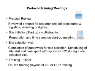 Protocol Training/Meetings
Protocol Review
Review of protocol for research related procedures &
logistics, including budgeting.
Site initiation/Start up visit/Retraining
Preparation and time spent on start-up meeting.
Site selection visit
Completion of paperwork for site selection. Scheduling of
site visit and time spent with sponsor/CRO during a site
selection visit.
Training – Other
On-line training beyond eCRF or GCP training
 