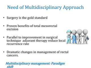 Need of Multidisciplinary Approach
• Surgery is the gold standard
• Proven benefits of total mesorectal
excision
• Parallel to improvement in surgical
technique adjuvant therapy reduce local
recurrence rate
• Dramatic changes in management of rectal
cancers.
Multidisciplinary management: Paradigm
shift
 