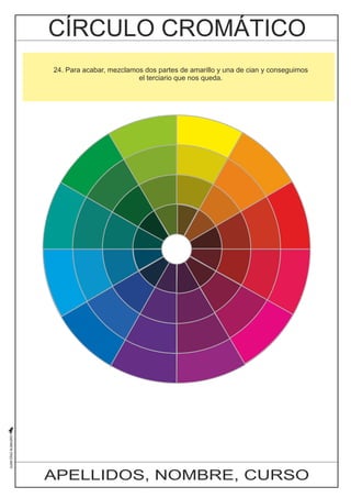 24. Para acabar, mezclamos dos partes de amarillo y una de cian y conseguimos 
el terciario que nos queda. 
APELLIDOS, NOMBRE, CURSO 
 