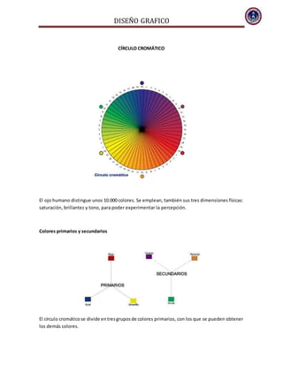 DISEÑO GRAFICO
CÍRCULO CROMÁTICO
El ojo humano distingue unos 10.000 colores. Se emplean, también sus tres dimensiones físicas:
saturación, brillantez y tono, para poder experimentar la percepción.
Colores primarios y secundarios
El círculo cromáticose divide entresgruposde colores primarios, con los que se pueden obtener
los demás colores.
 