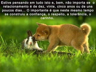 Estive pensando em tudo isto e, bem, não importa se o
relacionamento é de dez, vinte, cinco anos ou de uns
poucos dias... O importante é que neste mesmo tempo
se construiu a confiança, o respeito, a tolerância, o
carinho.

 