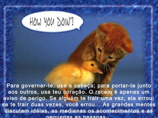 Para governar-te, usa a cabeça; para portar-te junto
aos outros, usa teu coração. O receio é apenas um
aviso de perigo. Se alguém te trair uma vez, ela errou;
se te trair duas vezes, você errou... As grandes mentes
discutem idéias, as medianas os acontecimentos e as

 