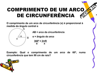 COMPRIMENTO DE UM ARCO
  DE CIRCUNFERÊNCIA
O comprimento de um arco de circunferência (x) é proporcional à
medida do ângulo central α
             A
                    AB = arco da circunferência
           α         α = ângulo do arco
       o        B
                      360º = 2πR
                       α      x


Exemplo: Qual o comprimento de um arco de 60º, numa
circunferência que tem 90 cm de raio?
 