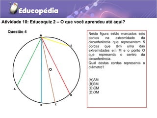 Questão 4
Atividade 10: Educoquiz 2 – O que você aprendeu até aqui?
Nesta figura estão marcados seis
pontos na extremidade da
circunferência que representam 5
cordas que têm uma das
extremidades em M e o ponto O
que representa o centro da
circunferência.
Qual destas cordas representa o
diâmetro?
(A)AM
(B)BM
(C)CM
(D)DM
O
 