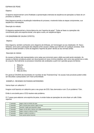 ESPINHA DE PEIXE:
Objetivo:
O digrama seqüencial tem como finalidade a apresentação ordenada da seqüência de operações ou fases de um
processo ou sistema.
Este diagrama permite a visualização instantânea do processo, mostrando todas as etapas componentes, sua
seqüência e interrelações.
Descrição do método:
O diagrama seqüencial tem a forma básica de uma "espinha de peixe". Todas as fases ou operações vão
concorrendo para uma espinha dorsal, uma após a outra, em seqüência lógica.
4 M (DIAGRAMA DE CAUSA E EFEITO):
Objetivo:
Este diagrama, também conhecido como diagrama de Ishikawa, em homenagem ao seu idealizador, Dr. Kaoru
Ishikawa, serve para a percepção das relações entre causas e efeitos que intervém em qualquer processo. Este
diagrama recebe também o nome de diagrama "espinha de peixe" devido ao seu formato similar.
Descrição do método:
As causas ou fatores são representados como setas que concorrem para o efeito que está sendo estudado. As
causas ou fatores complexos podem ser decompostos em seus mínimos detalhes, sem como isso perdermos a visão
de conjunto. Normalmente os processos industriais são analisados a partir de 4 grandes grupos de fatores:
Máquina;
Método;
Material; e
Mão-de-Obra.
Em geral as CAUSAS são levantadas em reuniões do tipo "brainstorming". As causas mais prováveis podem então
ser discutidas e pesquisadas com maior profundidade.
EXEMPLO - REVENDO OS PASSOS ANTERIORES
Vamos fazer um cafezinho ?
Imagine você fazendo um cafezinho para o seu grupo de CCQ. Saiu demorado e ruim. É um problema ? Sim.
Então é uma tarefa para o CCQ resolver este problema.
O 1º passo para elaborar uma espinha de peixe, é anotar todas as operações de como fazer um café. Então
vejamos:
1ª operação

pegar o bule no armário da copa;

2ª operação

abrir a torneira para colocar a água no bule;

3ª operação

acender o fogão para esquentar a água;

4ª operação

pegar o pó de café e misturar com a água fervendo do bule;

5ª operação

pegar o açúcar e colocar no bule;

6ª operação

pegar o coador no armário; e

7ª operação

coar quando estiver fervendo.

 