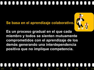 >> 0 >> 1 >> 2 >> 3 >> 4 >>
Se basa en el aprendizaje colaborativo.
Es un proceso gradual en el que cada
miembro y todos se sienten mutuamente
comprometidos con el aprendizaje de los
demás generando una interdependencia
positiva que no implique competencia.
 