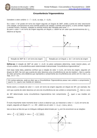 COLÉGIO DE APLICAÇÃO – UFRJ                     Portal Professor / CIRCUNFERÊNCIA TRIGONOMÉTRICA - 2009
      SETOR CURRICULAR DE MATEMÁTICA                                                www.cap.ufrj.br/matematica


                                       Circunferência Trigonométrica


Considere o vetor unitário v = i = (1, 0) , ou seja, v = (1, 0) .

Se o vetor v for girado em torno da origem segundo um ângulo de 360º, então a ponta do vetor descreverá
uma rotação. Convenciona-se como sentido positivo de rotação o sentido anti-horário, e como sentido negativo
o sentido horário. Portanto, rotações no sentido horário são indicadas pelo sinal “–”.
Ao girar o vetor v em torno da origem segundo um ângulo α obtém-se um vetor que denominaremos de vα .
Observe as figuras:




                                   1




     Rotação de 360° de v em torno da origem                 Rotação por um ângulo α de v em torno da origem


Define-se: A rotação de 360° do vetor v = (1, 0) no plano cartesiano determina, neste mesmo plano, um
círculo unitário. A circunferência assim determinada é denominada "circunferência trigonométrica”.

Com base nesta ideia, podemos verificar que a rotação do vetor v = (1, 0) , em torno da origem, segundo um
ângulo de 360º, faz com que a ponta do vetor descreva uma circunferência de raio de medida 1. Isto é, a ponta
do vetor percorreu uma distância que representa o comprimento da circunferência de centro em O e raio 1, ou
seja, 2 π .1 = 2 π .


 Em outras palavras, pode-se dizer que a Circunferência Trigonométrica possui raio unitário e comprimento
 igual a 2 π , igual a sua medida em radianos.


Sendo assim, a rotação do vetor v = (1, 0) em torno da origem segundo um ângulo de 30º, por exemplo, faz
                                                                                             π
com que a ponta do vetor descreva um arco de circunferência de raio unitário e comprimento     . Isto é, o arco
                                                                                             6
                                                                                 π
de 30º determinado numa circunferência trigonométrica tem comprimento              , igual a sua medida em
                                                                                 6
radianos.


É muito importante neste momento levar o aluno a observar que, ao rotacionar o vetor v = (1, 0) em torno da
origem, segundo um ângulo 0° < α < 90° , obtém-se um vetor v = (x, y) = (cos α, sen α) .

Isto se deve ao fato de que no triângulo retângulo determinado por vα com Ox encontram-se as relações:

                                                                       y
          y                       x
sen α =     → y = sen α e cos α =   → x = cos α .
          1                       1




                                                                                      x
 