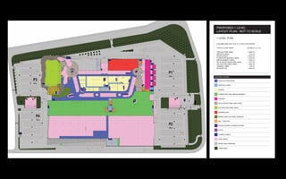 PROPOSED 1 LEVEL
 LAYOUT PLAN : NOT TO SCALE

 1 LEVEL PLAN

 COLUMN GRID SET OUT AT 12 BY 8 M CENTRE

 TOTAL FLOOR AREA               40 296 m² (inc. void )

 CIRCULATION AREA                2 853 m²
 SERVICE AREA                      210 m²
 SHOPS AREA                      2 607 m²
 FURNITURE MARKET AREA           4 423 m²
 MEDIA MARKET AREA               1 200 m²
 VIP & SPORT BARS AND CAFE       1 277 m²
 ICE SKATING RINK AREA           1 685 m²
 CINEMA LOBBY                      703 m²
 SUPERCLUB                        1445 m²




COLOUR LEGEND

   CIRCULATION AREA

   SERVICE AREA

   SHOPS

   FURNITURE AND MEDIA MARKET

   CINEMA

   VIP & SPORT BAR AND CAFE

   ICE SKATING RINK AREA

   SUPERCLUB

   INSIDE AND OUTSIDE GARDEN

   WC / TOILETS

   ESCALATORS & TRAVELATORS

   LIFTS

   STAIRS CASES

   VOID AREA

   ROAD AND PARKING

   LANSCAPE
 
